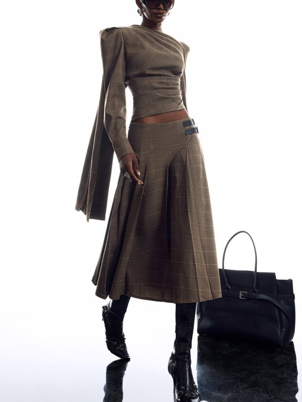 Coffee Brown Casual Women's Regular Fit Flare Sleeve Pleated Asymmetric Top